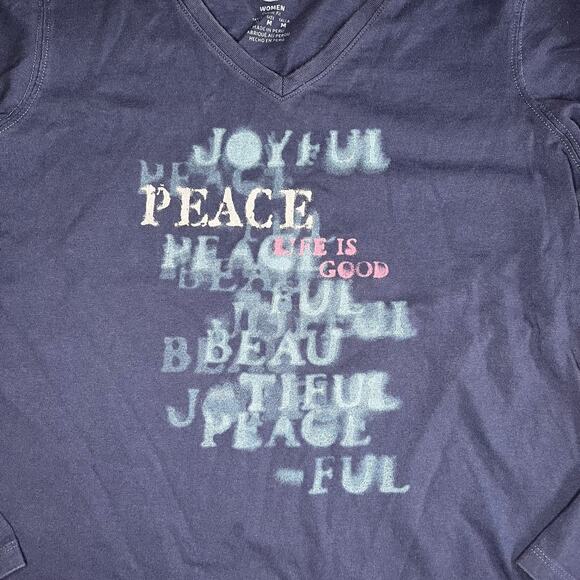 Life Is Good Blue Long Sleeve V Neck Shirt Peace Joyful Beautiful Womens Size M - Picture 2 of 4